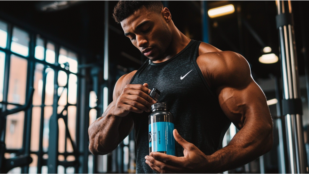 A man putting pre-workout into his shaker bottle