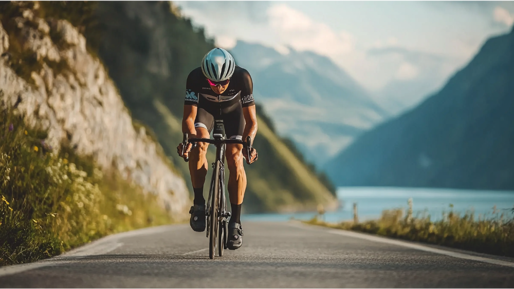 A man cycling during his Ironman