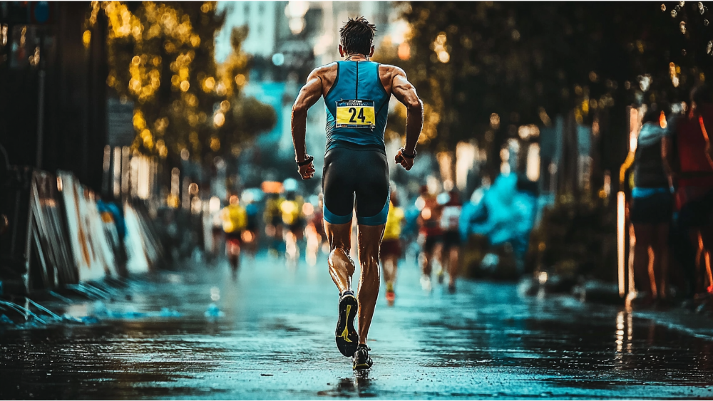 A man completing the 13.1 mile run in the 70.3 Ironman