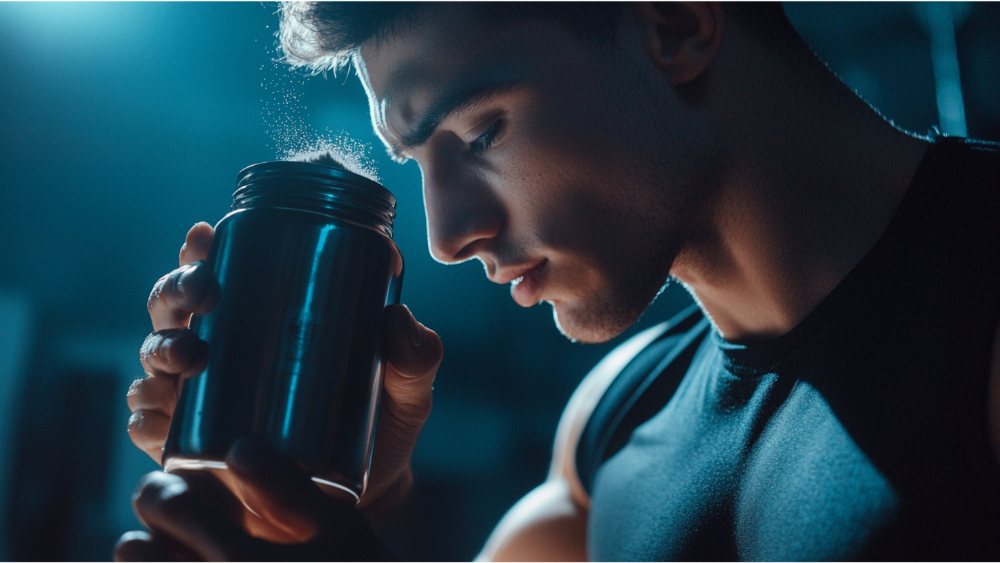 A man with a bottle of pre-workout in his hand