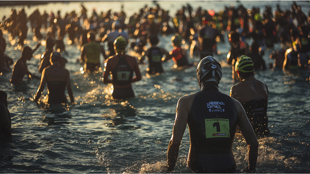 Swimmers entering the water for the 70.3 Ironman