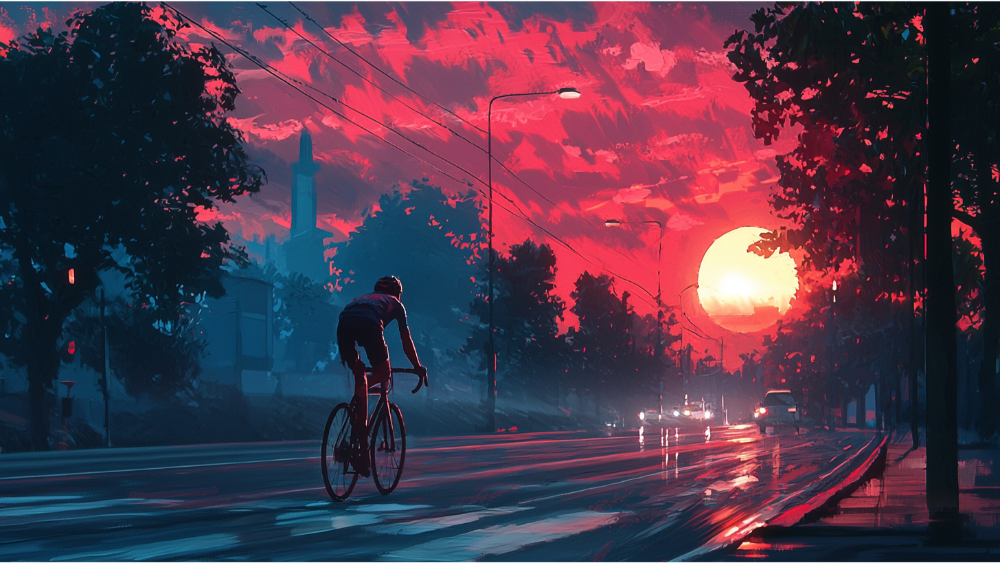 A man riding his bike into the sunset